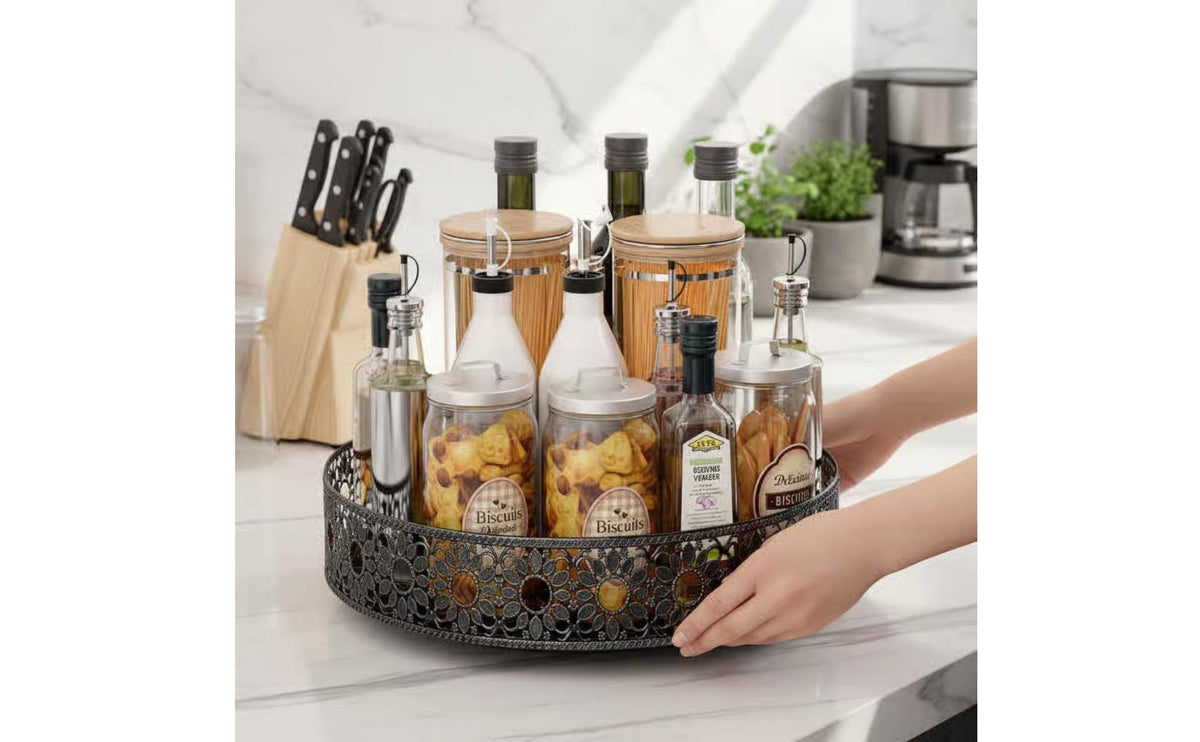 Carbon Steel Construction Rotating Seasoning Organizer Hollow-out Pattern 360 Degree Rotating Kitchen Holder Sturdy Metal Frame for Cabinet