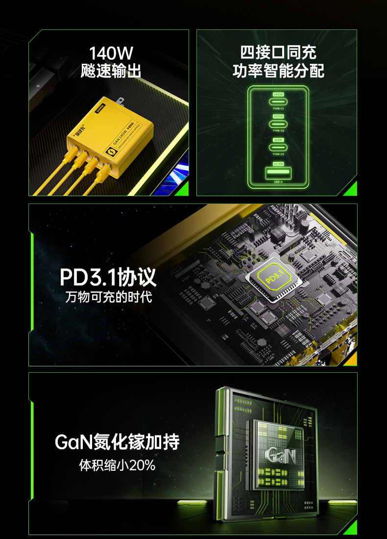 移速140W氮化镓充电器PD3.1多口快充头适用苹果安卓联想笔记本电脑macbookpro双typec插头100W桌面充电站 【140W单线套装熔岩黄】+1.2米C-C快充线240W
