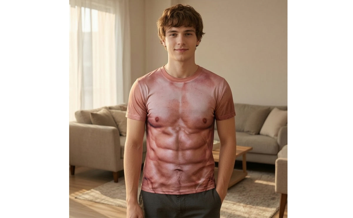 Funny T-Shirt with Muscular Torso Print Novelty Muscle Illusion T-Shirt Realistic Muscle Graphic Tee Printed for Men, Adults, Costume Parties, Halloween, Cosplay