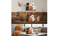 Freestanding Pumpkin Ghost Cat Sign Indoor Halloween Tabletop Decoration Holiday Wooden Halloween Centerpiece Autumn for Mantel