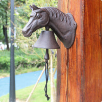 Hand-Pull Horse-Head Bell Vintage Cast Iron Entry Bell Sculpted Entryway Fixture Dark Metal Finish for Doorway