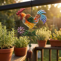 Iron and Glass Colorful Rooster-Shaped Wind Chime Hand-Painted Metal Rooster-Shaped Chime Multicolor Bell Ornament Flower Accent