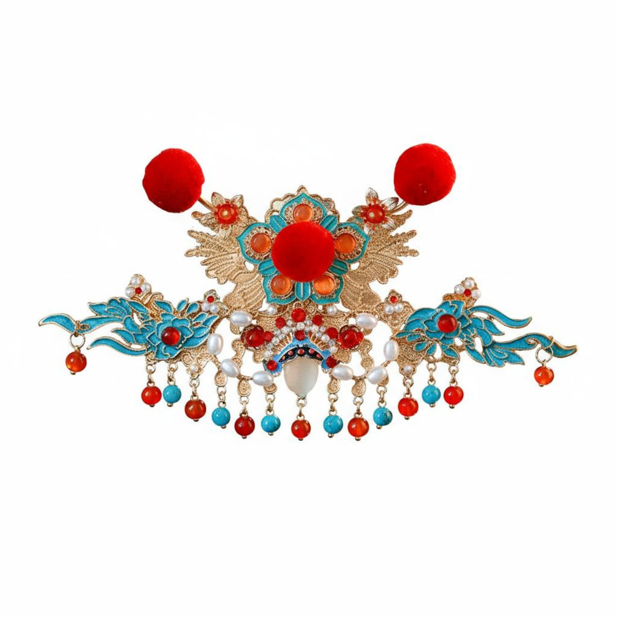 Classical Theater Headwear Intricate Features Chinese Design Hair Crown Red Decorative Puff Headpiece Handmade Ancient Tassel