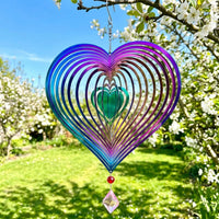 Metal Heart Shape Wind Ornament, 38x20cm Rainbow Reflective Garden Decor, Weather & Rust Resistant Outdoor Hanging Decoration