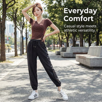 Joggers for Women with Tapered Leg and Cuffed Ankles, Quick Dry Nylon Spandex Pants for Gym and Running, Lightweight Loose Fit Black Trousers