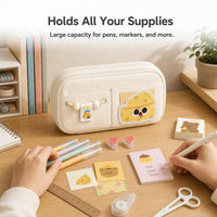 Cute Cheese Bear Pencil Case Large Capacity Embroidered Stationery Pouch for Girls