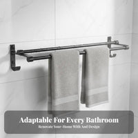 Rust-Proof Double Bar Towel Hanger Waterproof Double Bar Wall Mount Includes Hooks Bathroom Fixture Space-Saving for Homeowners, Families, DIY Enthusiasts, Restroom, Hotel, Laundry Room, Kitchen