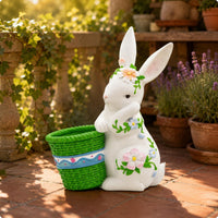 Hare Flowerpot Ornament Floral Details Hare Planter Woven Texture Bunny Plant Pot for Balcony, Outdoor Display