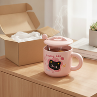 Ceramic Mug with Lid and Spoon, Cute Cat Design Coffee Cup, Birthday Gift for Friends
