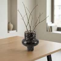 Silver-Speckled Vase with Scalloped Rim Black Bulbous Vase Glossy Decorative for Home Decorators, Florists, Living Room, Entry Table, Display Shelf