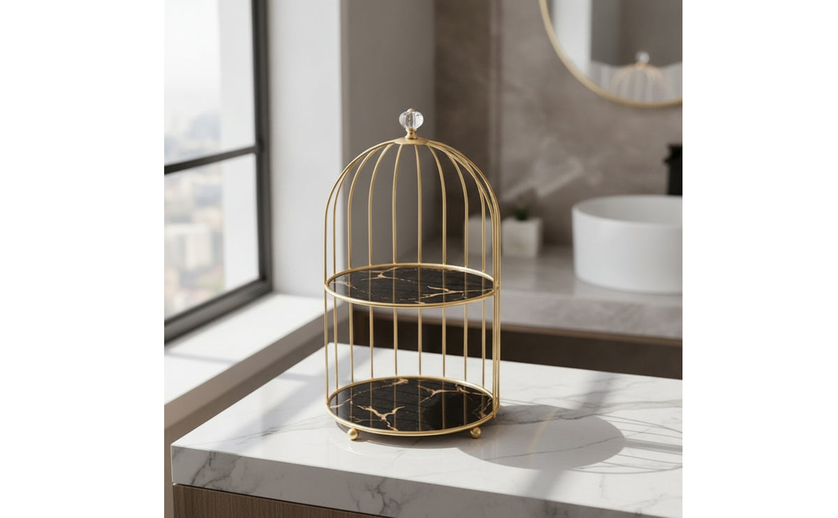 Bird Cage Cosmetic Organizer 2-Tier Bird Cage Makeup Organizer Gold Birdcage Storage Rack for Dressing Table