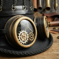 Bronze Accents Steampunk Top Hat Layered Brim Goggle Top Hat Braided Trim Headpiece Gears Decoration