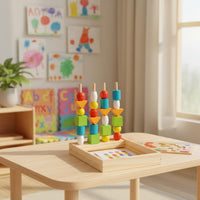 Pattern Matching Bead Set Thinking Skills Training Wooden Bead Stacking Game Hand-Eye Coordination Geometric Block Stacker for Preschoolers