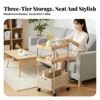 Rattan Weave Accent 2-Tier Rolling Table Vintage design 2-Tier Rolling Organizer Mobile Design Storage Trolley Wood Top for Apartment Dwellers, Homeowners, Office Workers, Living Room, Bedroom, Kitchen, Bathroom