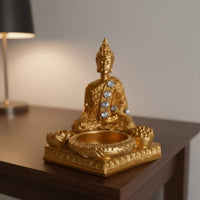 Intricate Details Buddha Tealight Holder Jeweled Accents Meditating Buddha Figurine Spiritual Decor Tabletop Statue Artisanal Look for Buddhists, Meditation Practitioners, Mindfulness Practice Enthusiasts, Living Room, Office, Entryway