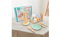 33 Pieces Pastel Accents Wooden Tableware Set Storage Display Pretend Kitchen Accessories Polished Edges Play Plates and Cups Realistic for Children