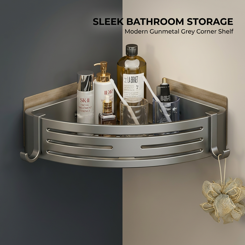 Renter Friendly Shower Organiser, Wall Mounted Corner Shelf, No Drill Toilet Corner Rack, Rustproof Aluminium Wall Mounted Corner Shelf