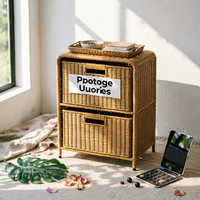 Rattan Bedside Cabinet Built-in Handles Woven Bedside Cabinet Short Legs Household Organizer for Home Storage