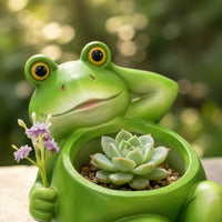 Vibrant Green Frog-Shaped Resin Planter Reclining Pose Frog Flower Pot Raised Eyes