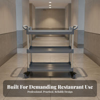 Easy to Move 3-Tier Service Cart Brake Wheels Food Service Trolley Large Capacity 3 Shelf Rolling Trolley Silent Casters for Warehouse Workers, Professionals, Dining Area, Cafeteria, Hospital, Office