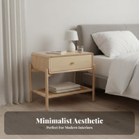 Rattan Design Nightstand with Storage Vintage Aesthetic Single-Drawer Stand with Woven Shelf Minimalist Design Bedside Table Rounded Corners for Guesthouse Owners, Apartment Dwellers, Homeowners, Bedroom, Small Areas, Hotel Room, Office