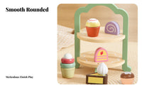 7 Pieces Ideal Gift Afternoon Tea Toy Set Encourages Creativity Pretend Play Cake Set Educational Wooden Dessert Stand Playset Develops Fine Movement Skills for Girls, Preschoolers, Toddlers