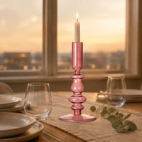 Turned Stem Blown Glass Candle Holder Cylindrical Top Glass Taper Candle Holder Wide Base