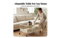 With casters 2-Tier Glass Top Tea Table Easy to Move Living Room Furniture Space-Saving Mobile Storage Multi-Functional for Homeowners, Renters, Home Office, Bedroom, Reception Area