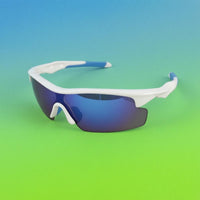 Close-Fitting Mirrored Visor Sunglasses Blue Accents Curved-Around Sports Sunglasses Lightweight Athletic Curved-Around Shades for Cycling, Training, Skating