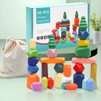 38 Pieces Wooden Stacking Rocks Geometric Stacking Blocks with Storage Box Wooden Stones Faceted Stone Blocks Smooth
