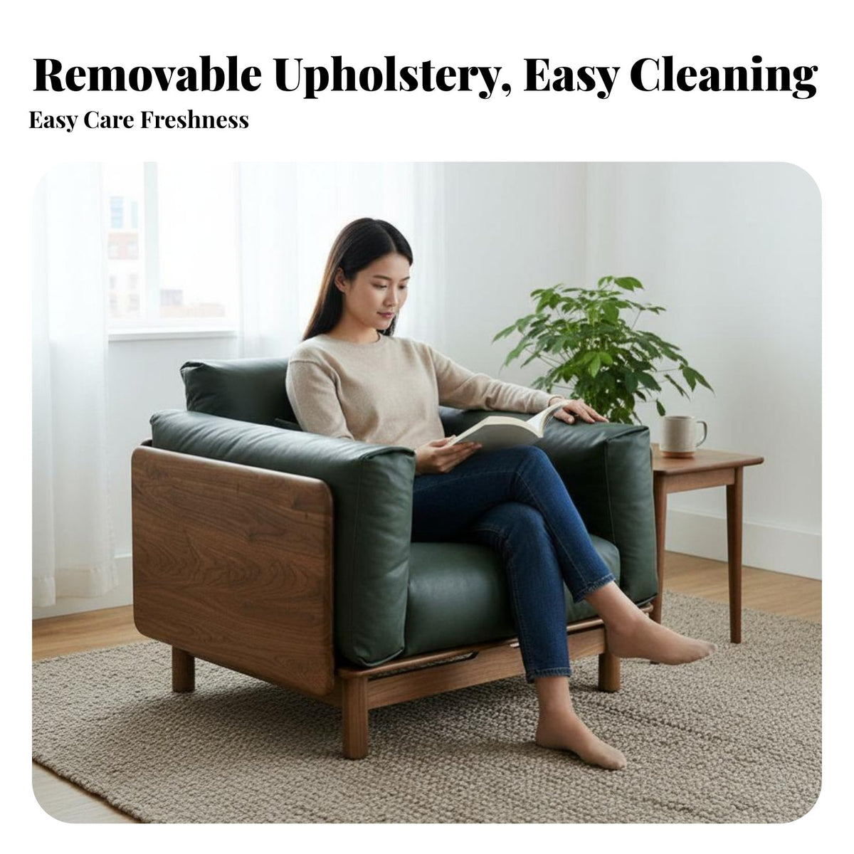 Wooden Frame Armchair sturdy Wood Construction Single Sofa Genuine Leather Upholstery Lounge Chair for Homeowners, Living Room, Bedroom, Reception Area