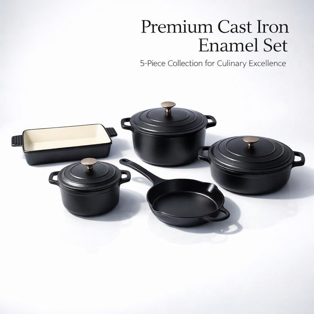 5 Piece Cast Iron Enameled Dutch Ovens with Lids, Induction Cookware for Family Meals, Casserole Dishes for Home Kitchen