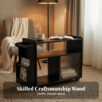 Multi-Functional Rolling Side Table Space-Saving Rolling End Table with Magazine Rack Compact Design Living Room Furniture Fluted Glass Door for Apartment Dwellers, Homeowners, Office Workers, Small Areas, Bedroom