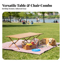 Foldable Folding Camping Table and Chair Set Easy Assembly Roll-up Table with Moon Chairs Sturdy Heavy Duty Folding Furniture Set Weather-Resistant for Picnickers, Event Planners, Picnics, Backyard, Beach, Parties