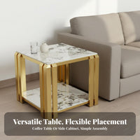 Light Luxury Design 2-Tier Square Side Table Double-Layer Storage 2-Tier Side Table Easy Assembly Gold Frame Nightstand Scratch-Resistant for Interior Designers, Apartment Dwellers, Gift Givers, Living Room, Bedroom, Office, Reception Area