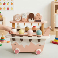 Toy Ice Cream Cart Pastel Wooden Play Cart with Desserts Sturdy Pretend Play Dessert Stand for Kids