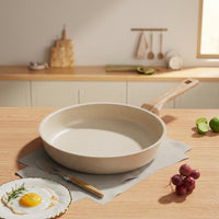 Frying Pan for Induction Hob and Home Cooking, Nonstick Pancake Pan with Pan Lid, Cast Iron Frying Pan Style, Wood-Look Stone Omelette Fry Pan