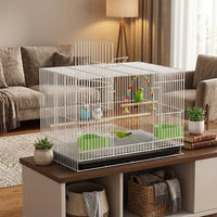 Large Pet Bird Cage, Iron Wire Indoor Enclosure with 4 Perches for Cockatiels Parakeets Budgie Lovebird, Multi-Compartment Box-shaped design