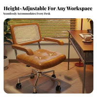 Vintage Design Cane-Back Whiteice Armchair Adjustable Height Swivel Seat Effortless Rolling Casters Desk Seating Tufted Cushion for Students, Professionals, Study Room, Workspace, Bedroom