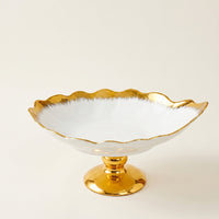 Scalloped Ceramic Fruit Bowl with Pedestal Shallow Footed Bowl Wide Decorative for Tabletop, Dining Table