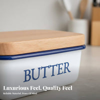 Enamel Butter Dish Dishwasher Butter Keeper with Wood Lid Kitchenware for Cooks, Hosts, Kitchen Countertop, Refrigerator, Dining Table