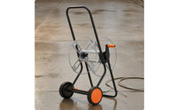 Metal Hose Reel Carrier Black Frame Wheeled Hose Reel Carrier Orange Crank Handle Outdoor Storage Painted Finish for Car Washing