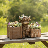 Scottish Cattle Planter Farmhouse-Style Cow Planter with Two Baskets Rustic Patio Statue for Balcony