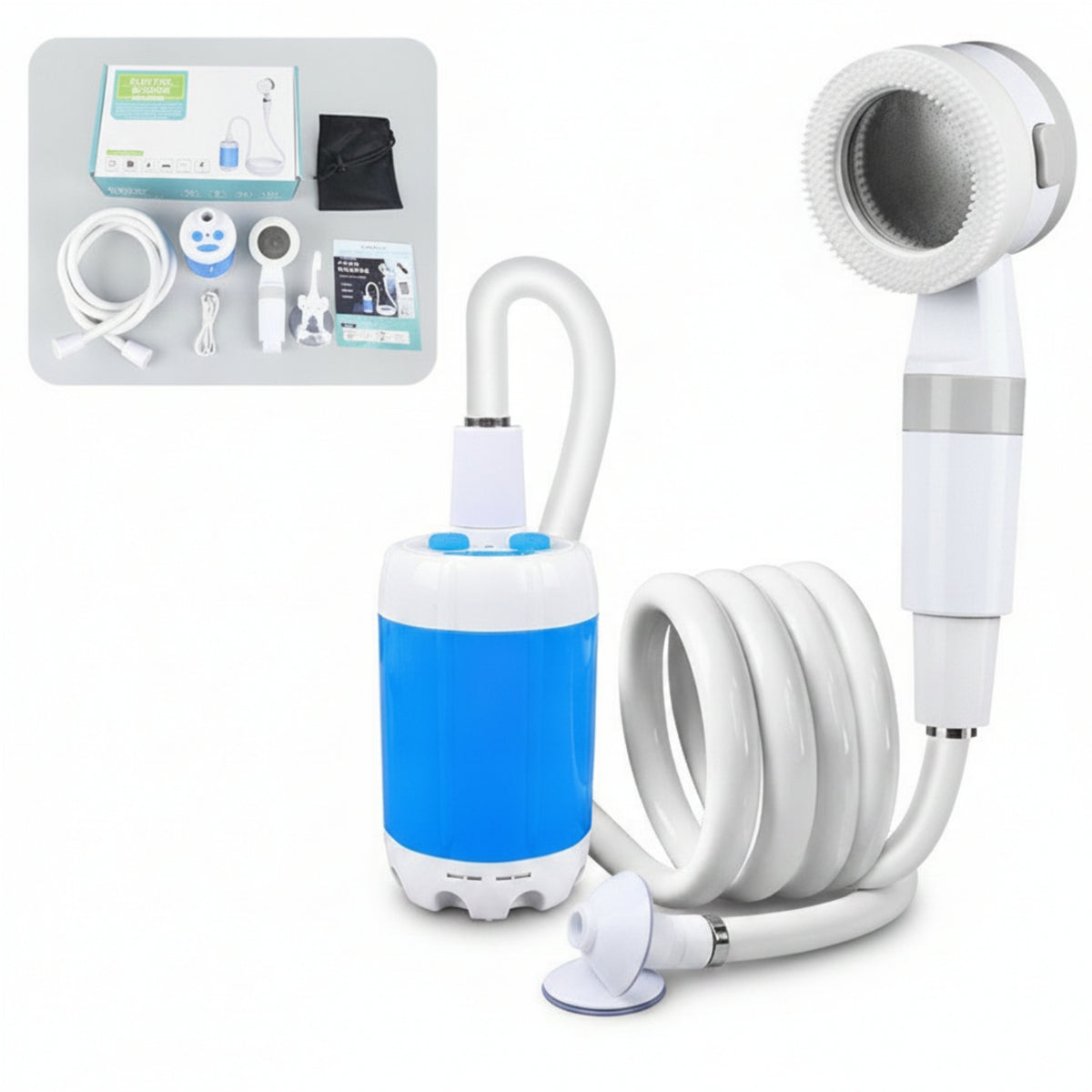 Coiled Hose Portable Electric Shower Compact Self-Priming Shower System for Camping, Travel