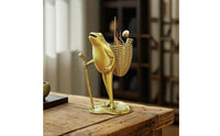 Decorative Brass Figurine with Basket Polished Brass Tabletop Ornament Small Sculpture Artisanal for Collectors, Art Lovers, Shelf, Desk, Tea Table