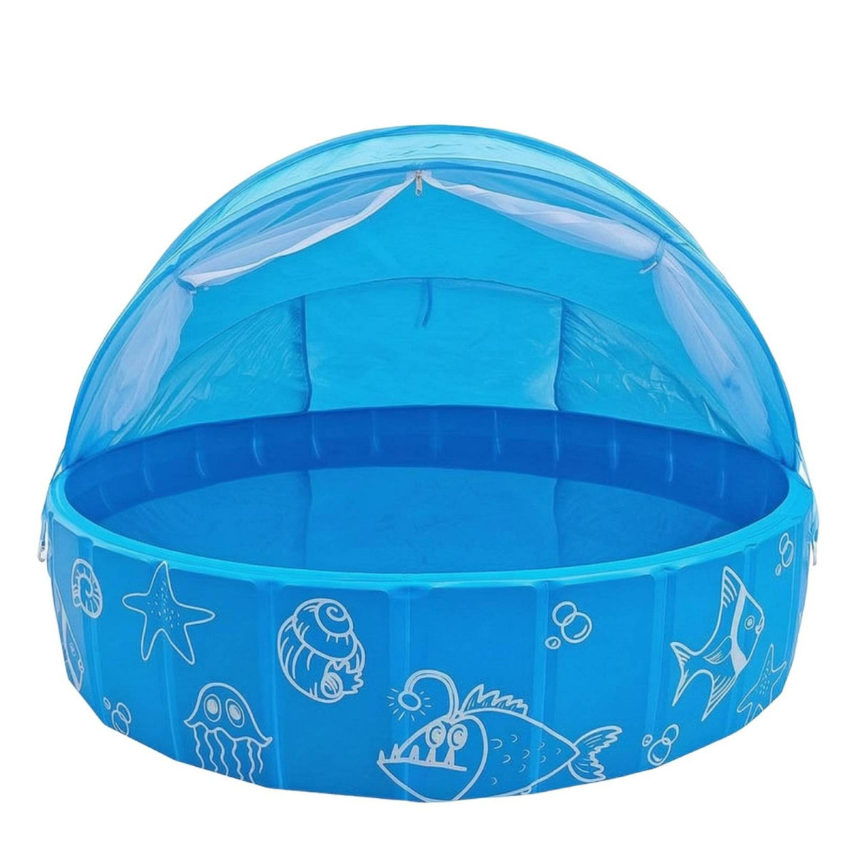 PVC Inflatable Pet Pool Sunshade Canopy Round Pet Pool Drain Valve Non-Slip Doggie Bathtub Sea-Creature Print