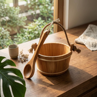 Sauna Pail and Ladle Set Open Top Wooden Pail and Ladle Kit Light Banding