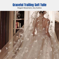 Bridal Veil, cream, 3D floral accent, nature-inspired, crystal details, luxury headpiece, trailing soft tulle, mermaid wedding
