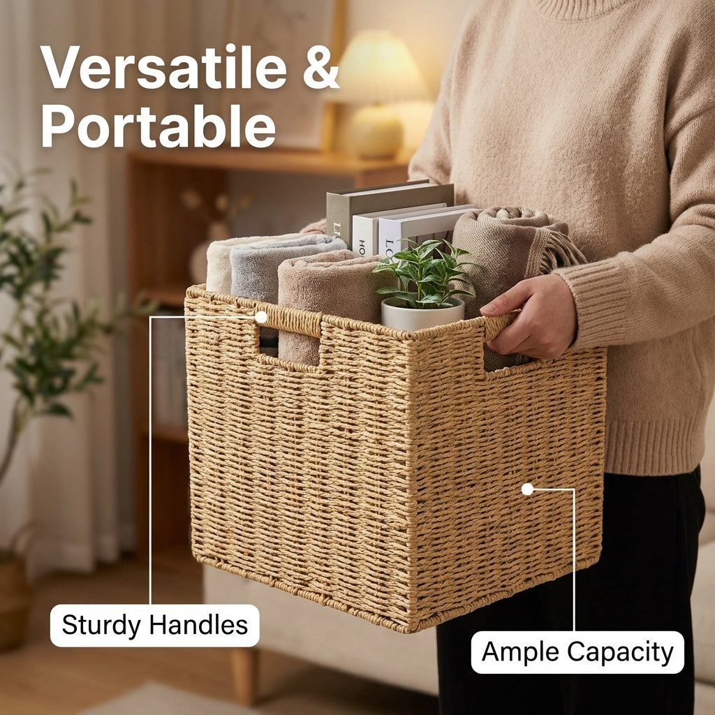 Rattan Storage Baskets, Handwoven Cube Shelf Organizers, Open Top Design Bins with Handles, Toy Storage Solution for Home, Playroom Organization