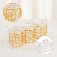 3 Pieces Acrylic Seasoning Jar with Spoon and Tray Textured Condiment Canister with Lid Transparent Seasoning Pot with Base Food-Grade for Kitchen